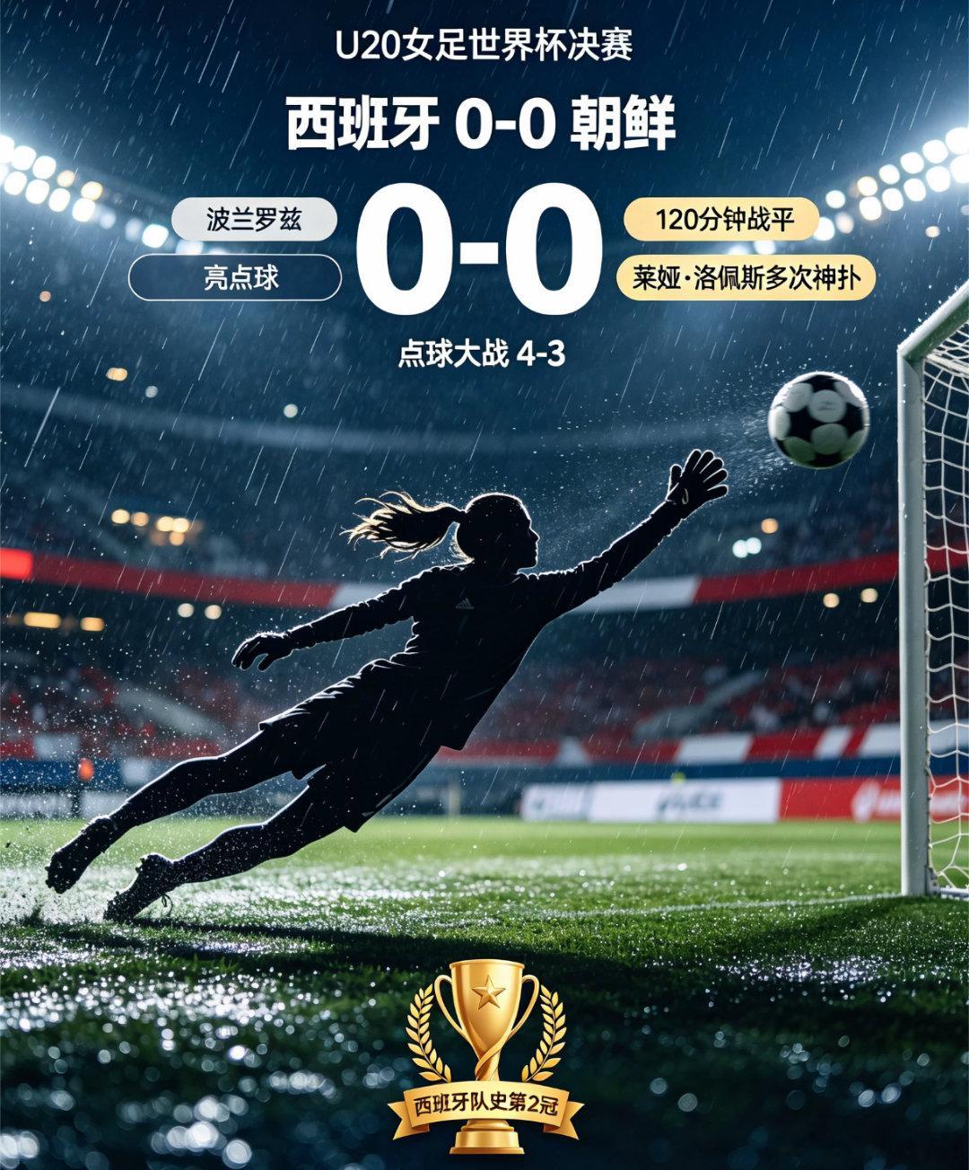 U20女足世界杯落幕！西班牙点球4‑3击败朝鲜，队史第二次夺冠。决赛鏖战120分