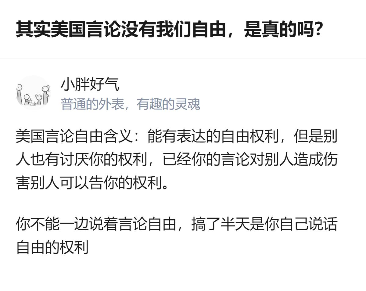 关于美国言论自由的界定，这里明确了它并非仅指个人表达自由，还包含他人反感、追责的