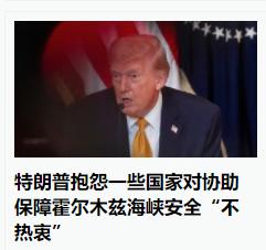 特朗普最近怨气特别大，开始抱怨有些国家对协助保障霍尔木兹海峡不热衷。
    这