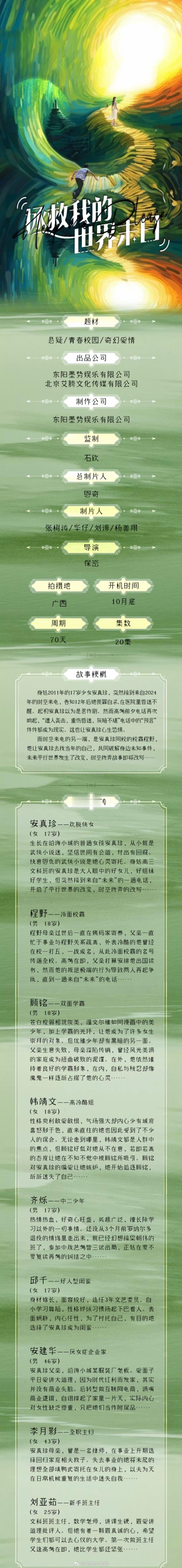 网剧《拯救我的世界末日》主演：黄俊捷开机时间：12月5日拍摄周期：2个月拍摄地：