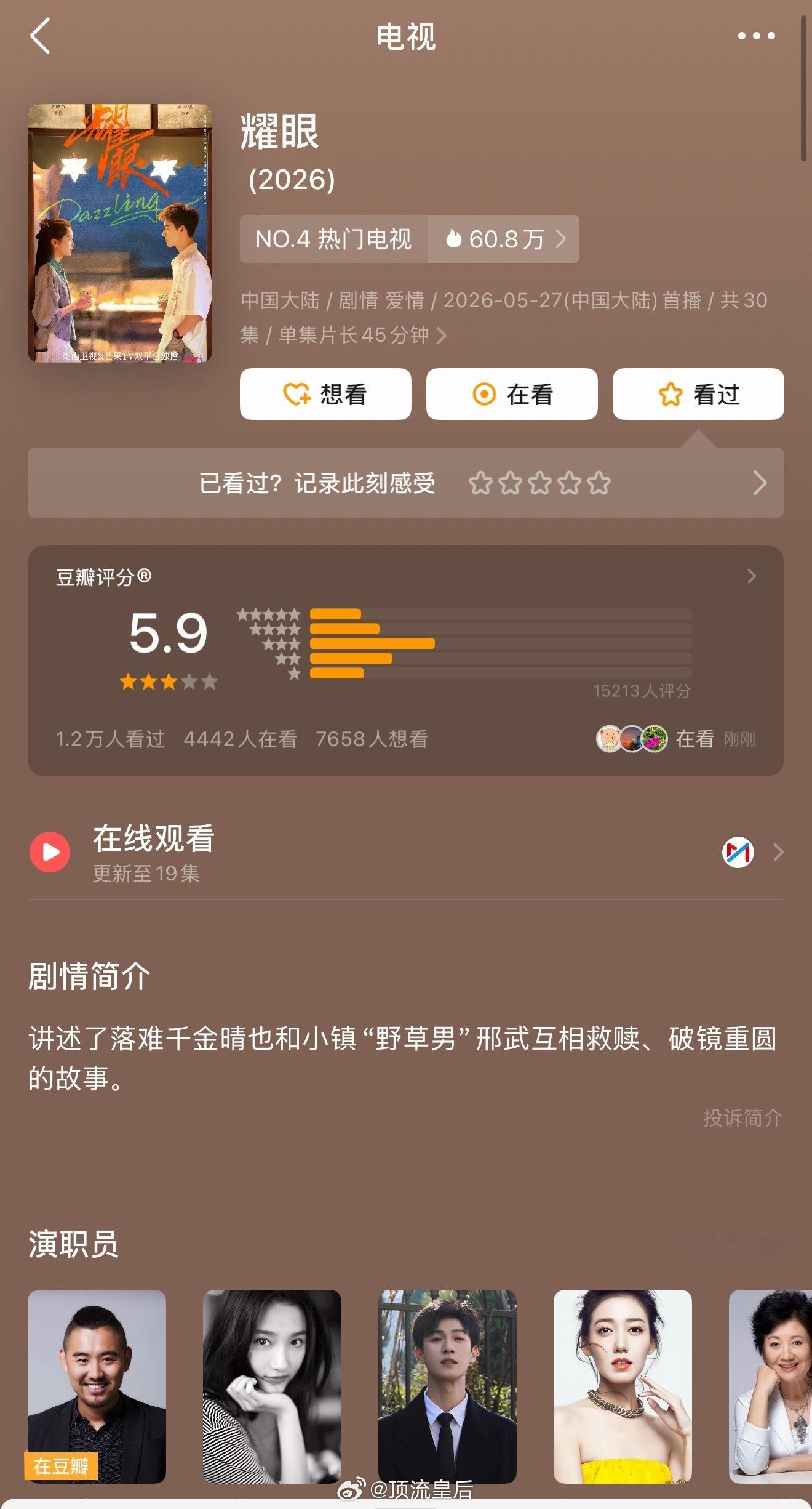 讲真我觉得关晓彤、李昀锐主演的耀眼豆瓣开分5.9有点低了，以我的观剧感受，这部剧