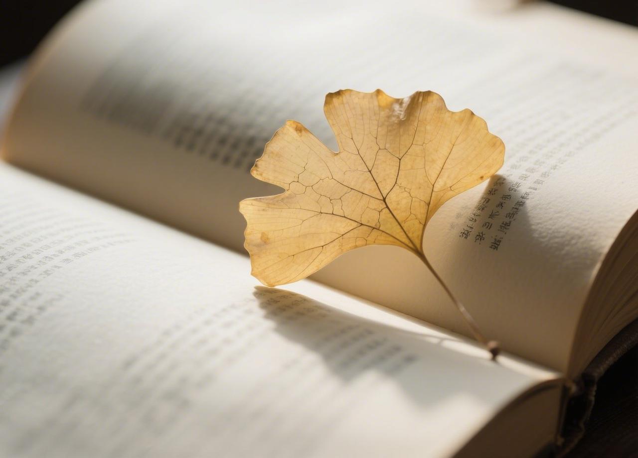 翻书时，一片去年的银杏叶悄然飘落。它夹在《诗经》的“蒹葭苍苍”页间，早已褪成透明