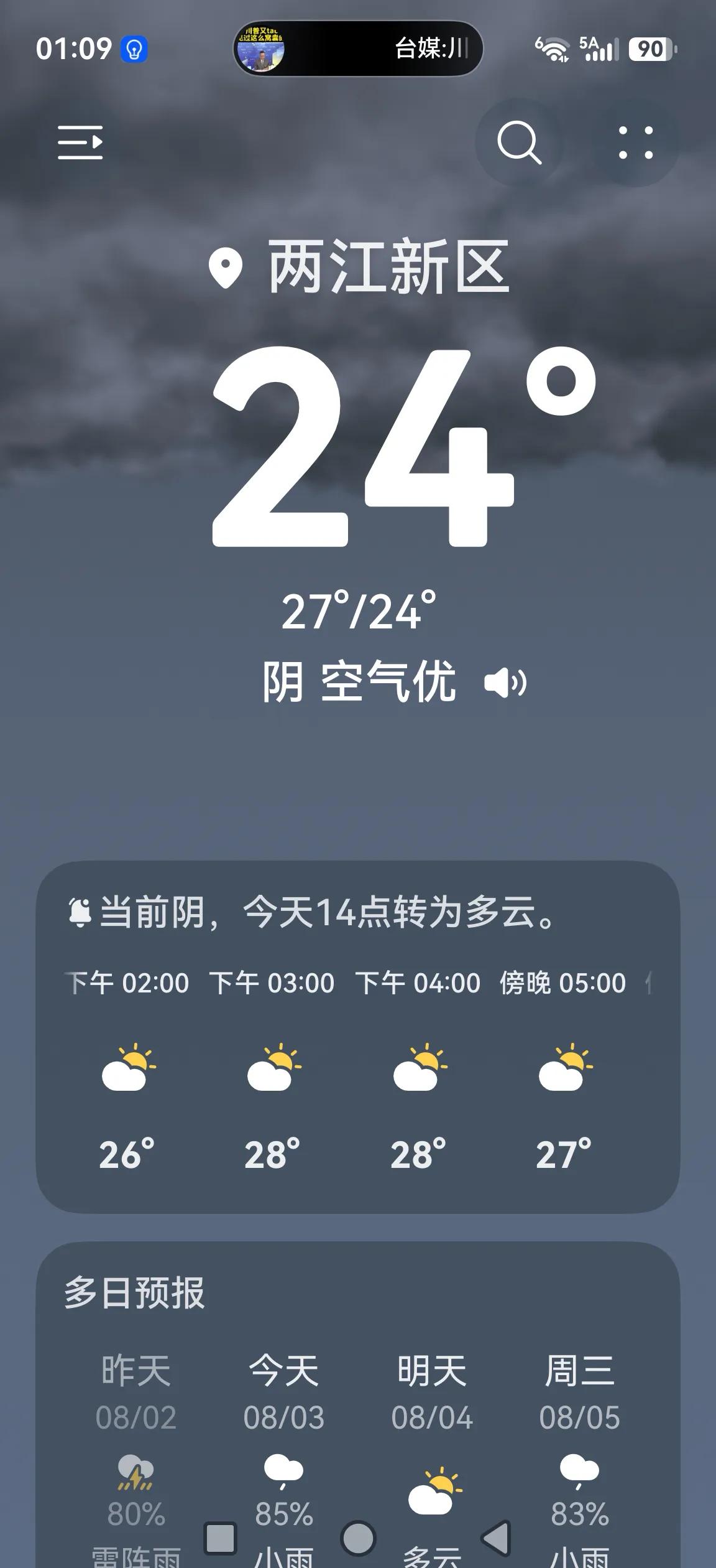 重庆，现在24℃，凉爽如深秋，现在老天爷打起摆子来真是像玩蹦极，从41℃直接干下