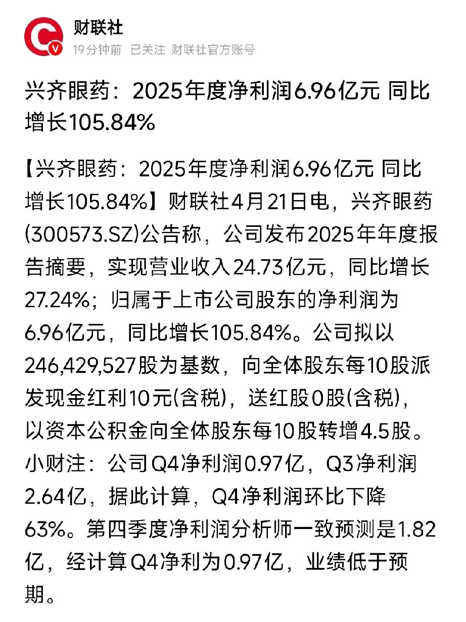 兴齐眼药：净利翻倍增105%！眼科赛道黄金标的出炉
 
2026年4月21日，兴