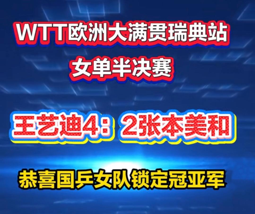 王艺迪4:2战胜了张本美和，将在明年凌晨和王曼昱争夺🏓瑞典大满贯赛女单冠军。