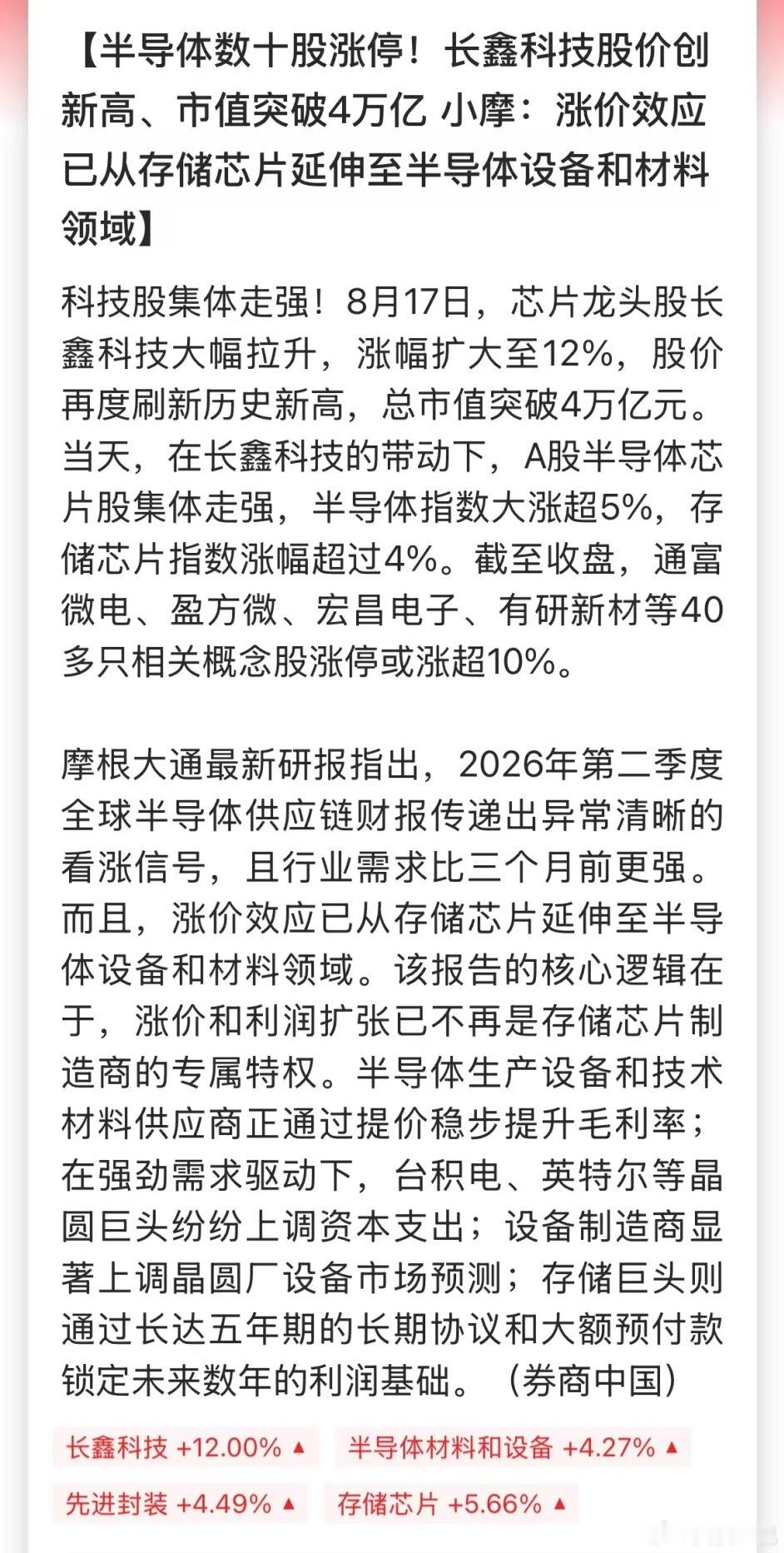 今天长鑫科技暴涨12%，股价最高冲到61.8元，创上市以来新高。收盘市值4.18