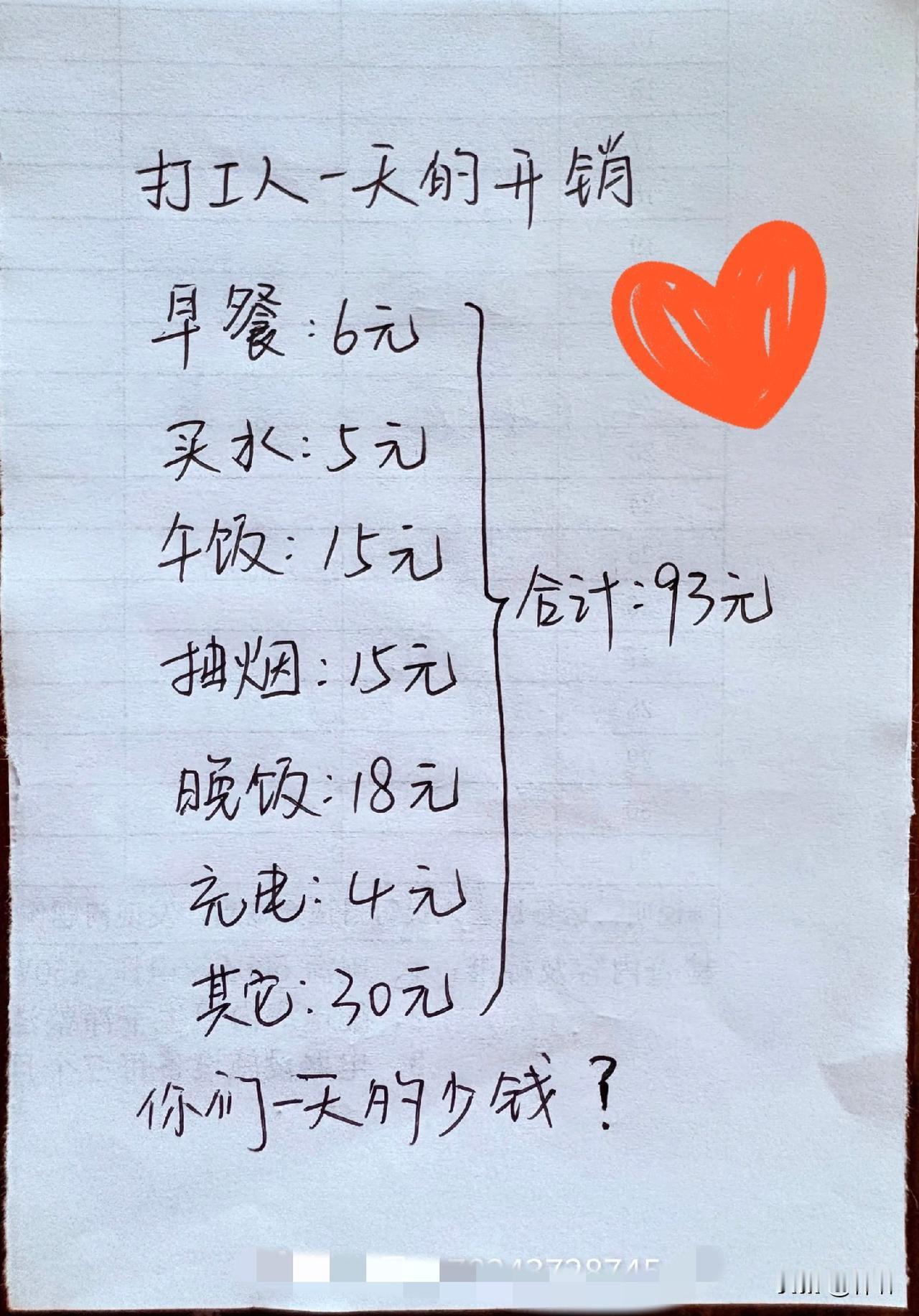 这是我今天看到的一个人的开销，他说一个普通的打工人一天就要花这么多钱。
看到他这