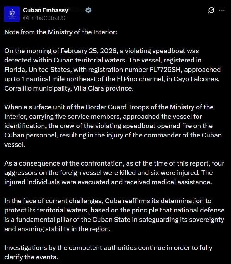 古巴内政部宣布，一艘美国快艇上的四人与古巴海岸警卫队发生枪战。事件起因是海岸警卫