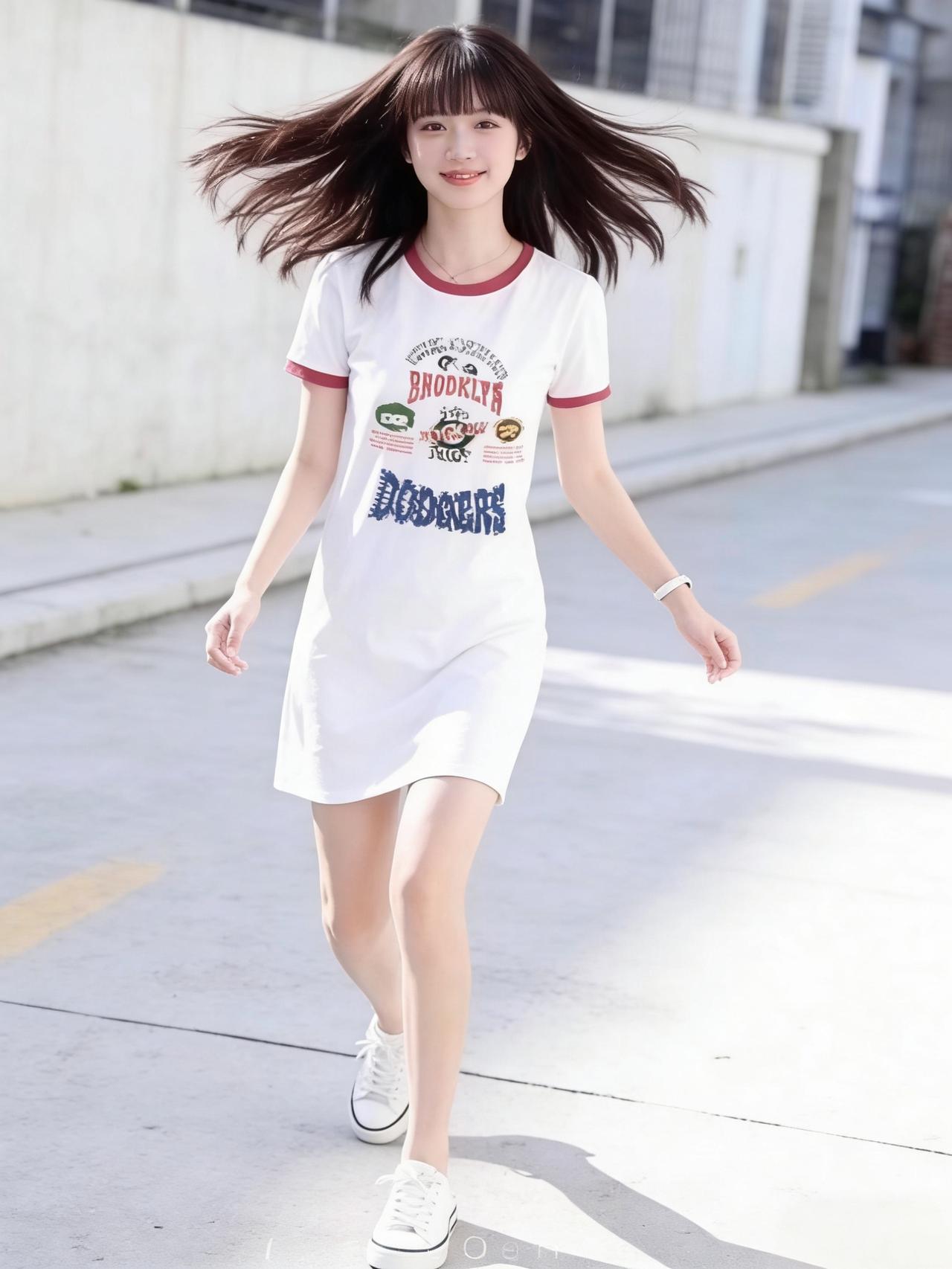 夏日的街头，一袭白色连衣裙像块会发光的画布，棉质的裙身软乎乎贴在身上，V领露出锁