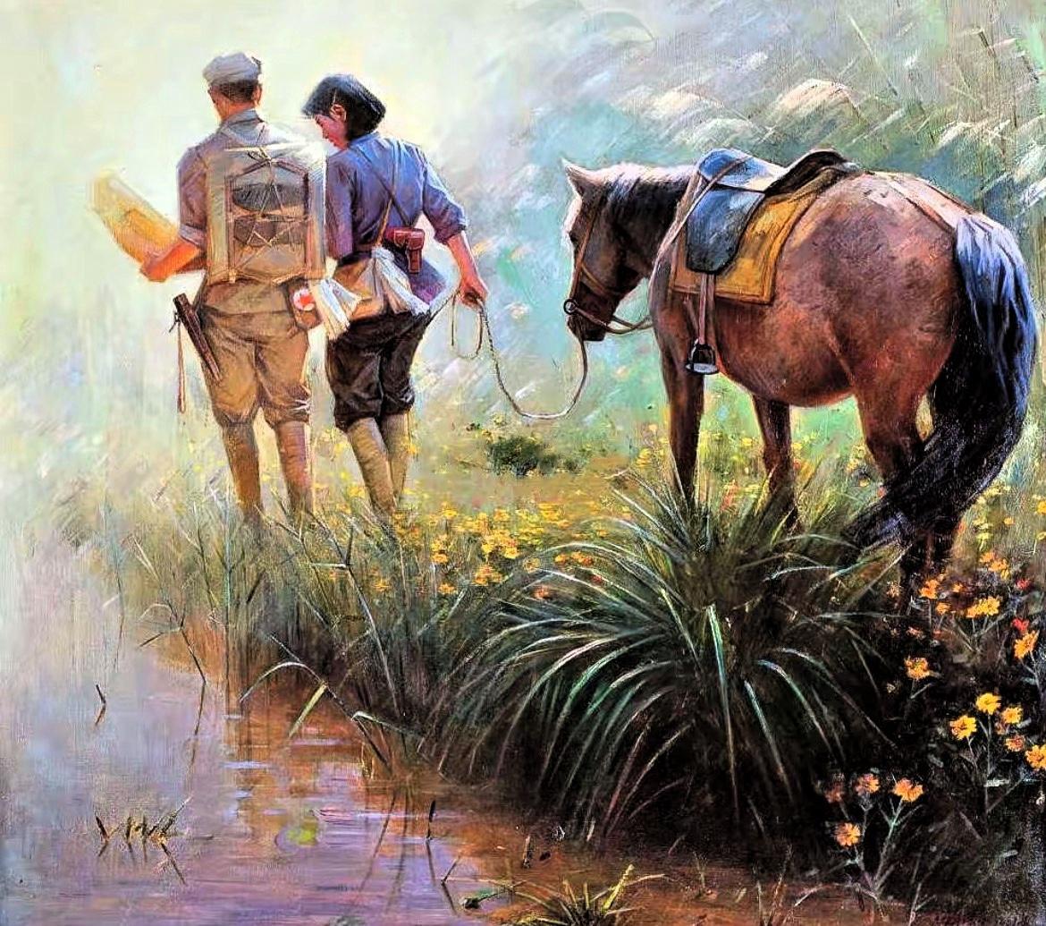 这幅油画的名字叫《青春时代》。
画家反映的是红军时期一对革命情侣的题材，画面中既