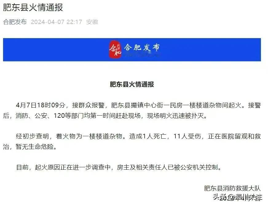 合肥一民房办补习班上课时发生火灾致1死11伤

4月7日，网传一段火灾视频称，安