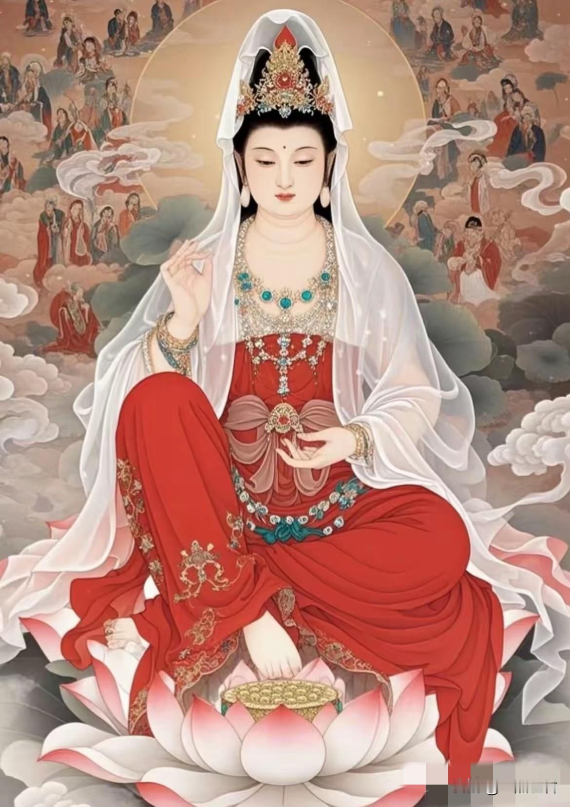 碰到红衣观音大家拜上一拜吧，心诚则灵，财运双收。 愿你全家从今以后百病全消，无灾