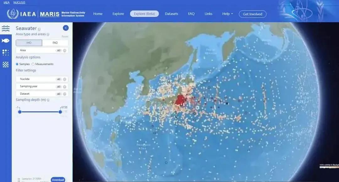 真实的三天后辐射污染，国际原子能机构全球海洋辐射监测信息系统数据清晰直观地显示了