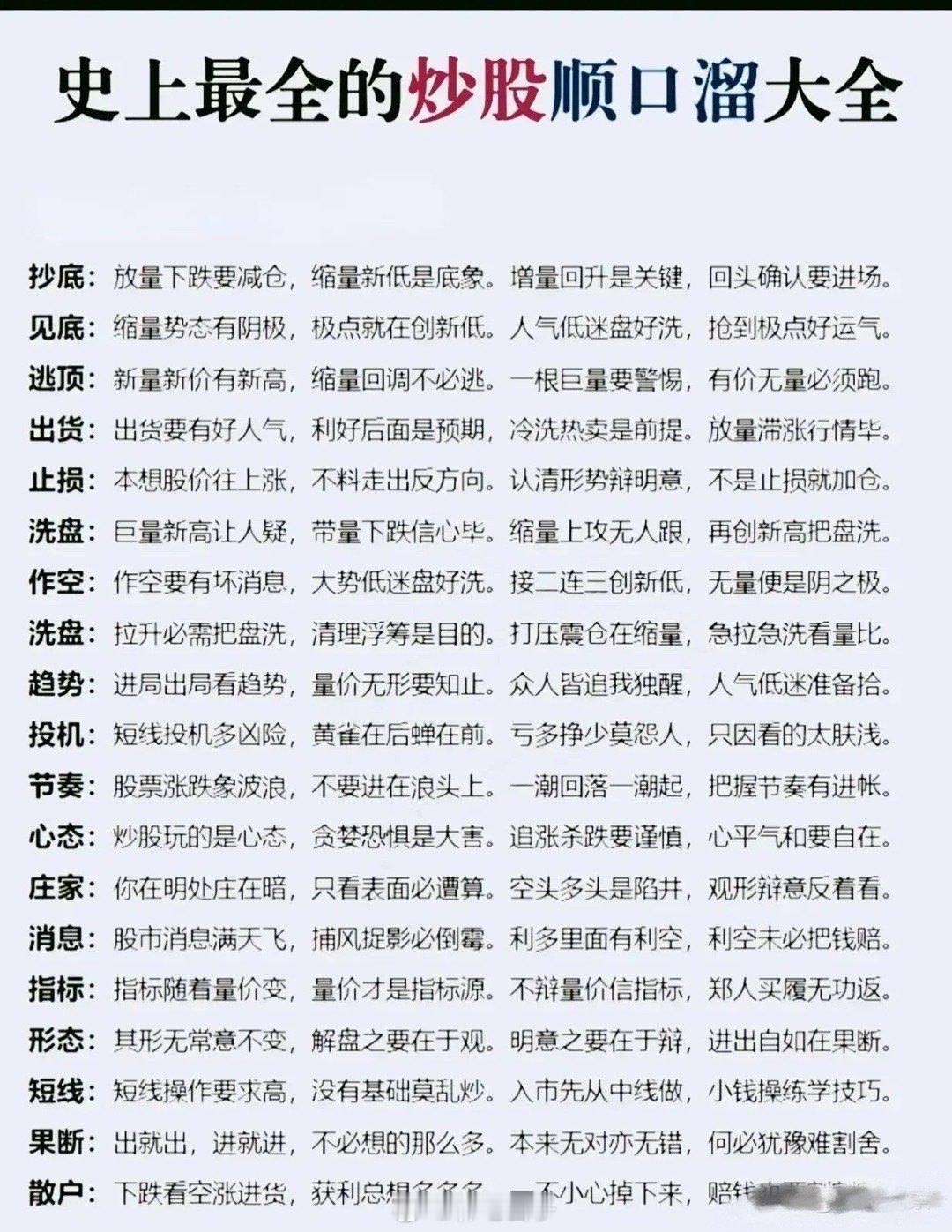 炒股顺口溜短线高手的炒股秘诀:掌握抄底、出货、逃顶、止损、洗盘、趋势、指标、形态