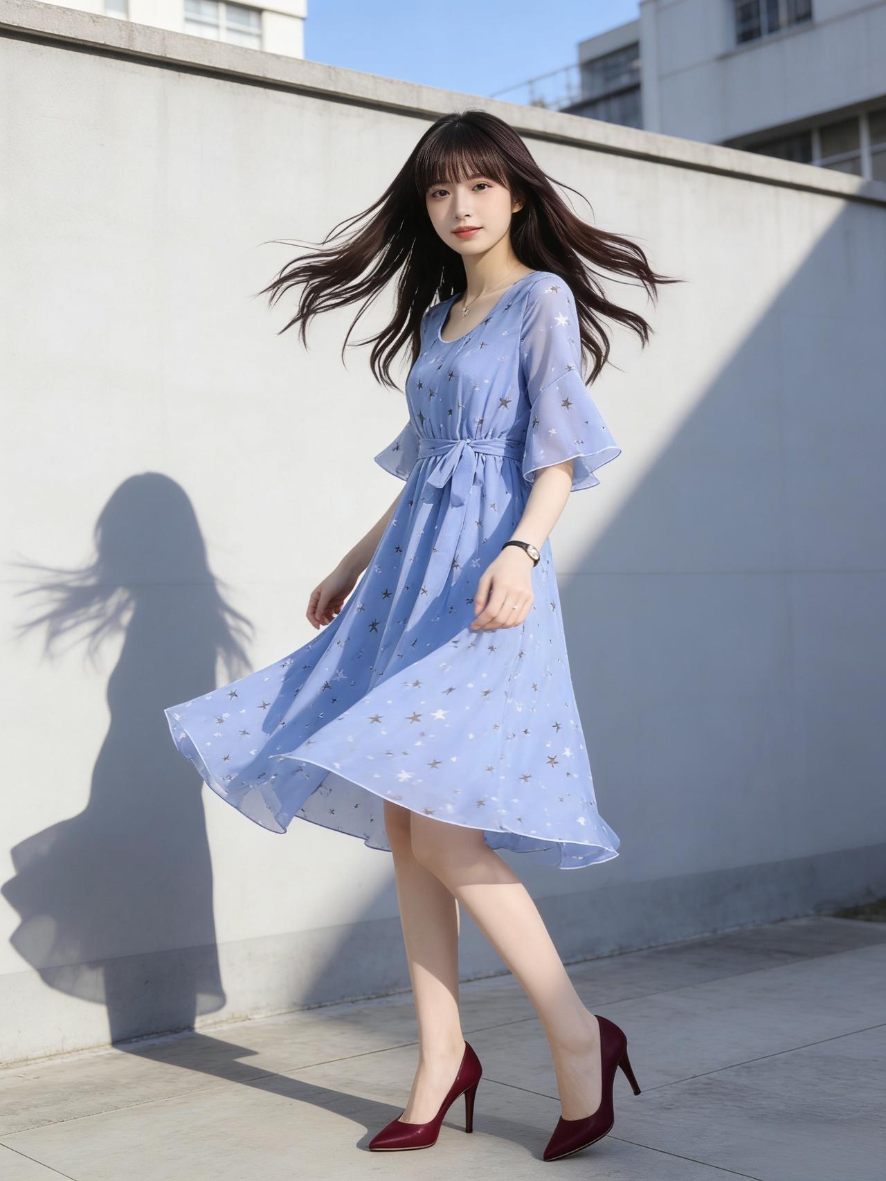 轻盈飘逸的蓝裙，搭配红高跟鞋，甜美又优雅！女生怎么穿搭会看上去很优雅 淡雅蓝裙照