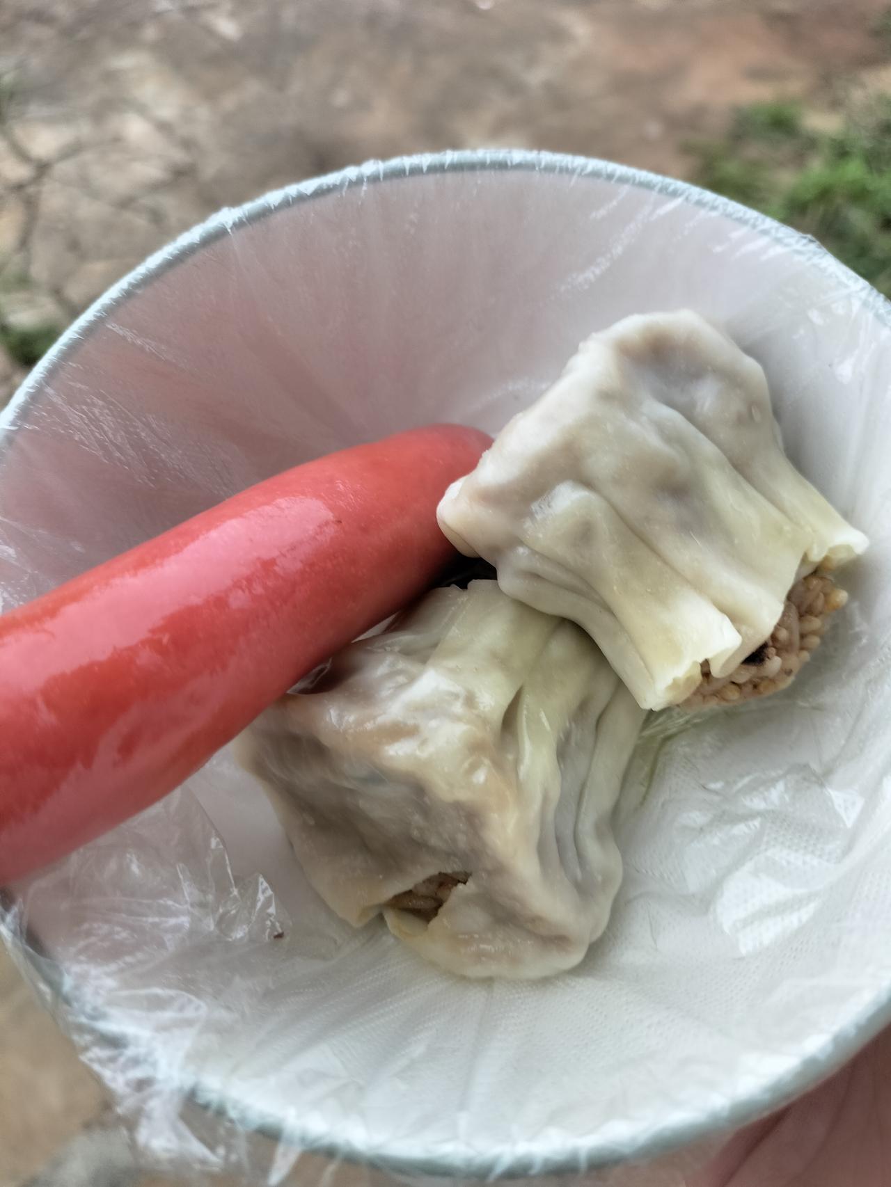 烧麦1元钱一个，是不是又有点偏贵？火腿肠 2元钱一根，这是今天早上我买的早餐，我
