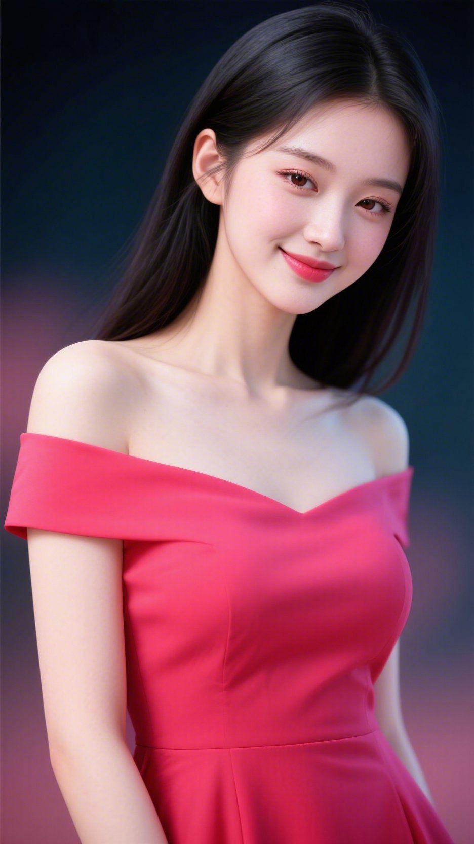 《绯裙浸满柔光》
 
艳绯裙衫裹着柔润质地，露肩设计衬得肩颈舒展，似将夏末暖意织