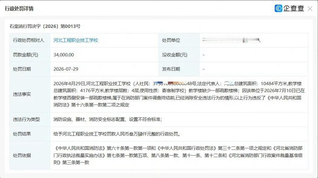 【河北某学校；因消防设施、器材、消防安全标志配置、设置不符合标准，被处罚34万元
