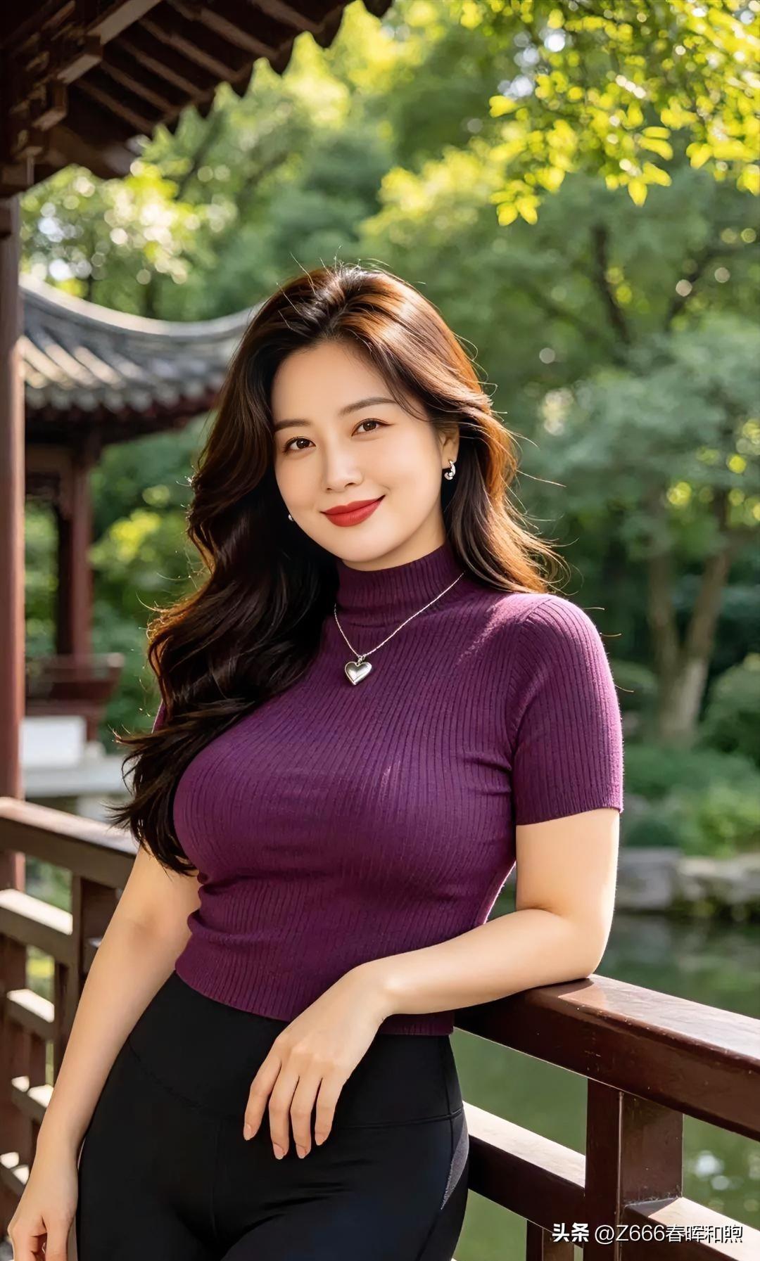 紫韵针织衫配黑裤，倚园林栏杆。明媚笑容与绿意交融，尽显都市女性的优雅与从容。