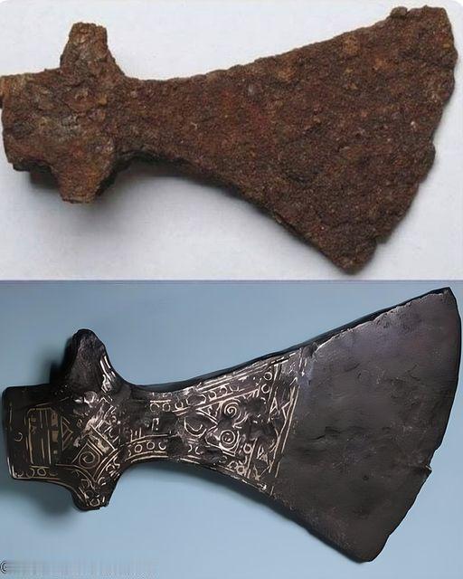 一把维京斧头可以追溯到近1,000年前,在2018年出土,说明了它修复前后外观的