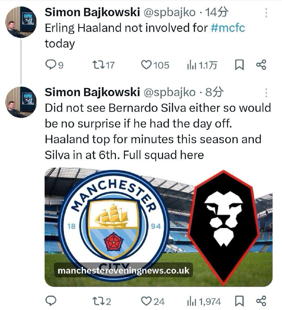 哈兰德和B席没进大名单 