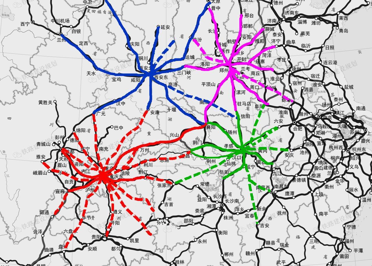 北京、上海、广州、成都是全国最强大的4个尽头（端点）铁路枢纽，郑州、西安、武汉、