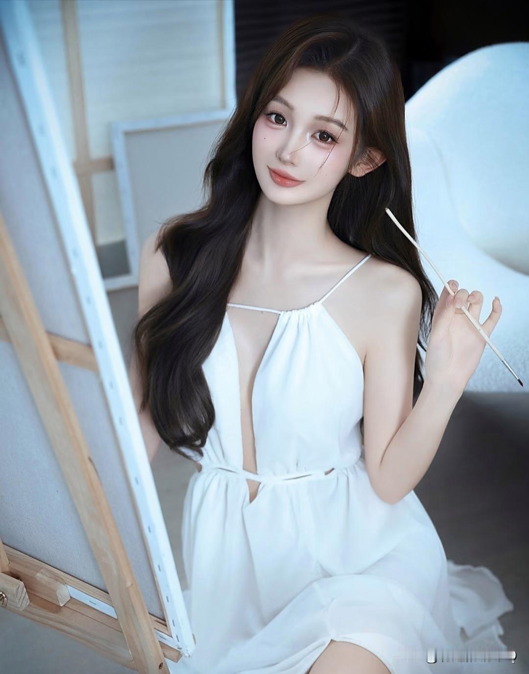 『画中韶华|人间绝色』
素白裙裾轻曳过画架，颜料未沾笔尖，眼波先染了春色。
她是