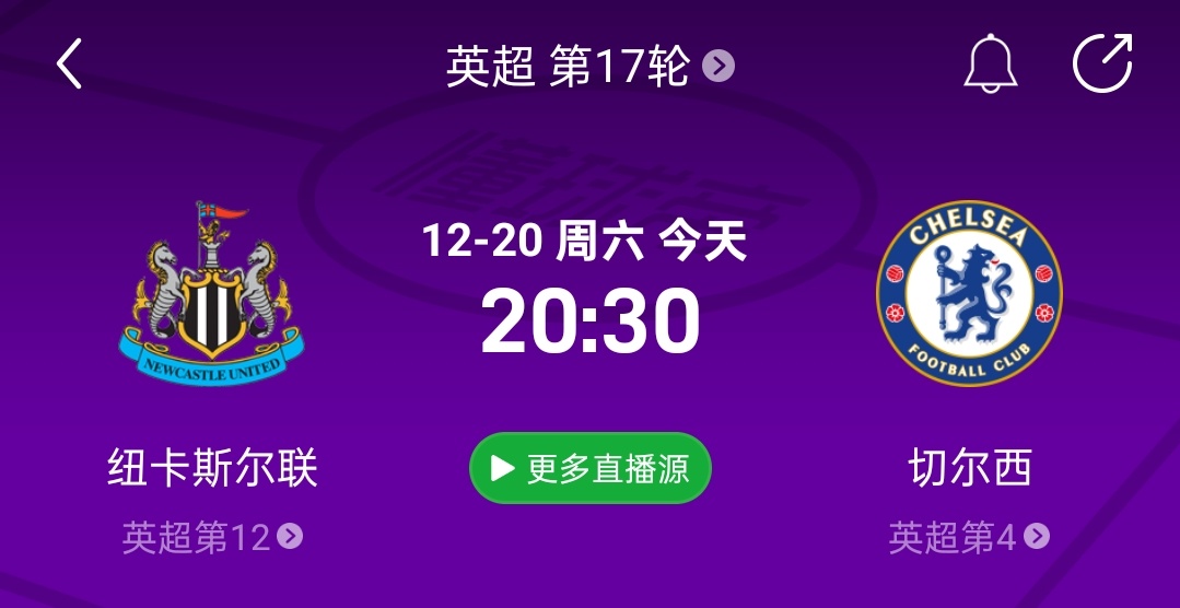 直播预告！比赛时间：12月20日 20:30（20:15开播）联赛：纽卡斯尔vs