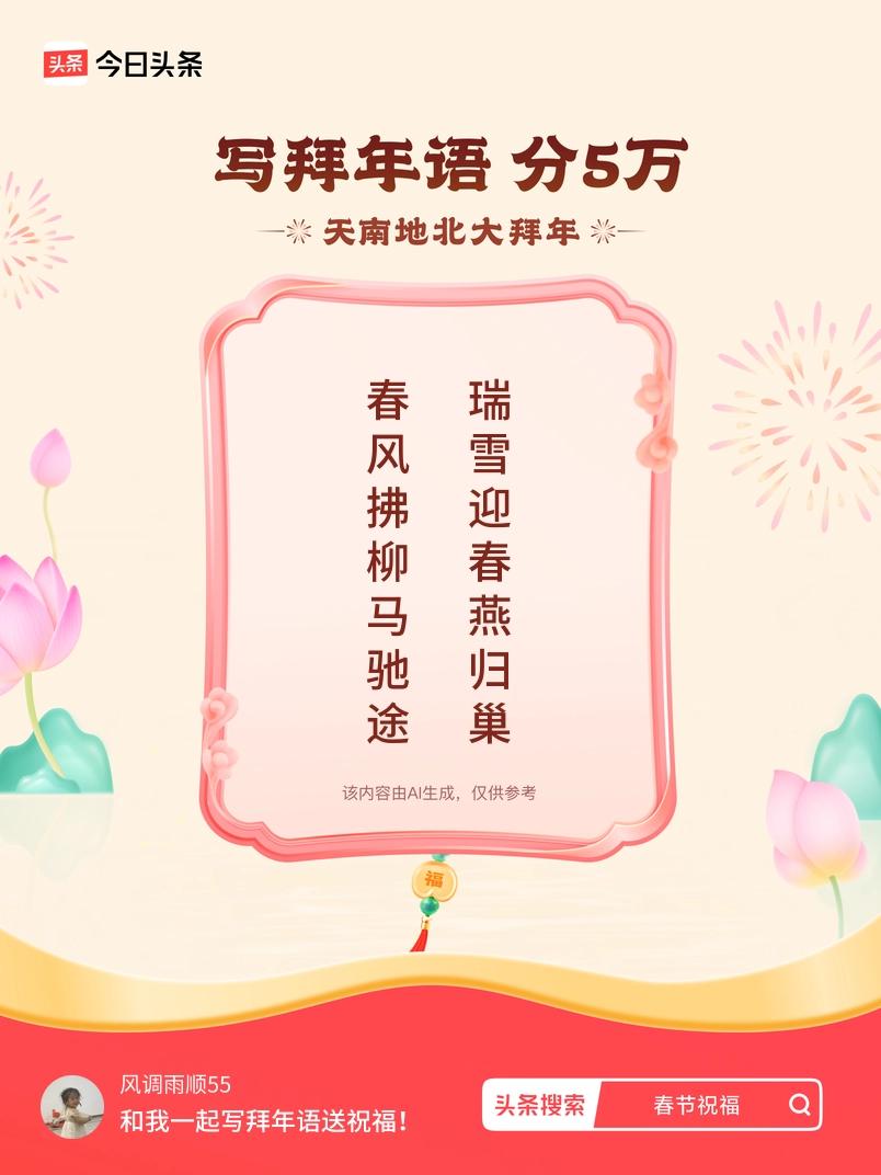 写拜年语送祝福新春拜年送祝福！我的祝福是：“春风拂柳马驰途，瑞雪迎春燕归巢”！快