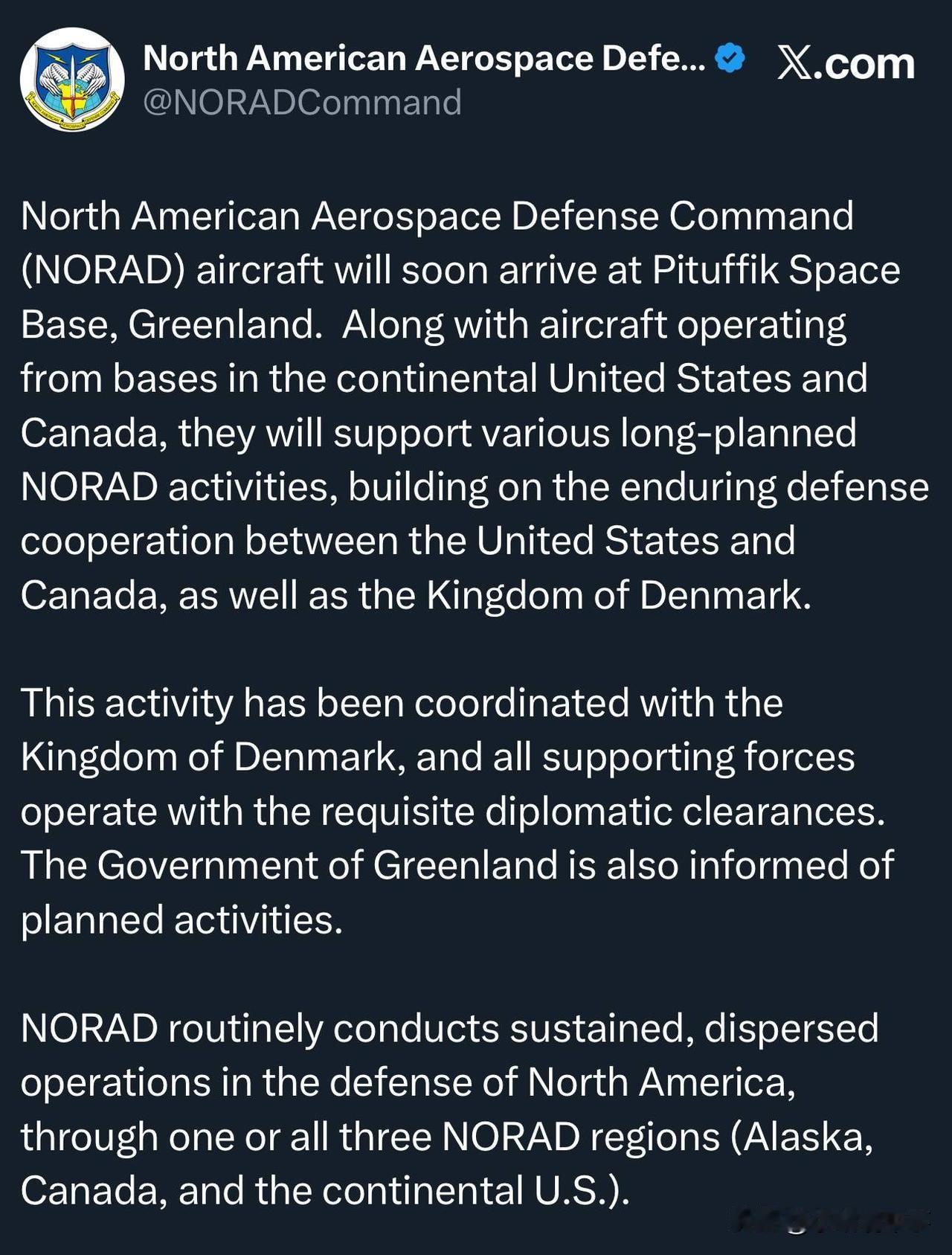 北美防空司令部（NORAD）宣布其飞机将很快部署到格陵兰岛的皮图菲克太空基地，作