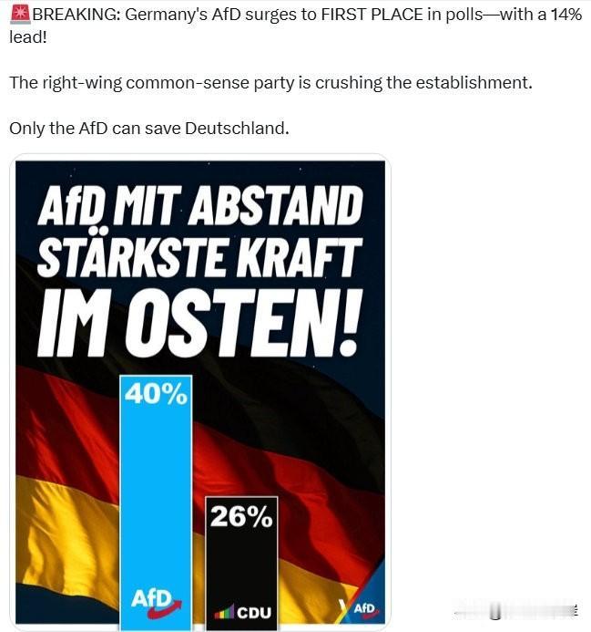 突发消息：德国选择党（AfD）在民调中飙升至第一位——领先14%！
这个右翼、倡