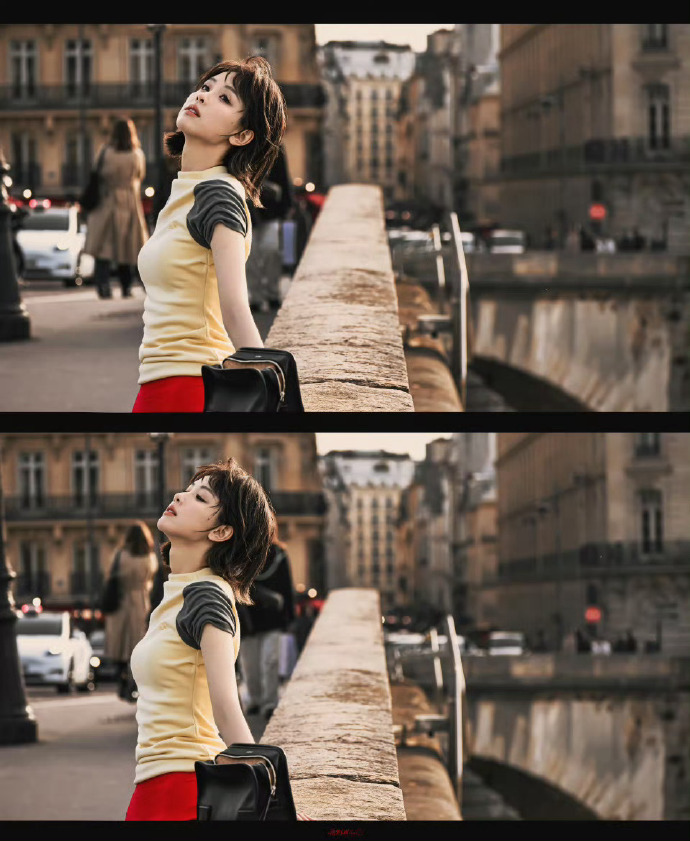 陈都灵锁骨短发陈都灵俏皮锁骨短发陈都灵巴黎时装周造型太亮眼，俏皮锁骨短发搭配撞色