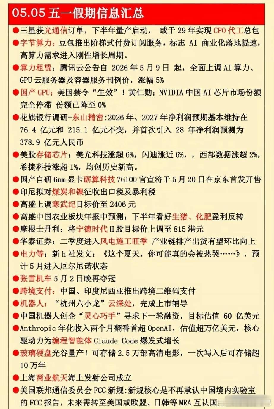五一假期核心信息全景解读！五一假期信息汇总，覆盖AI全产业链、半导体光通信、新能
