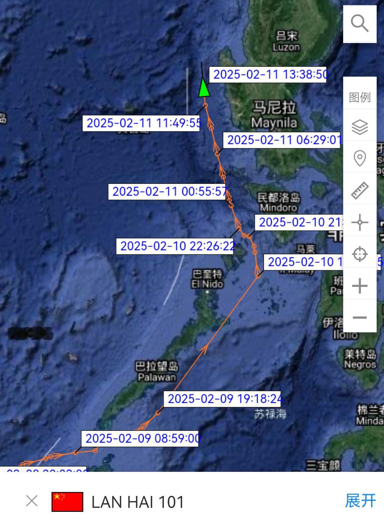 AIS信号显示，2月10号，中国渔业科考船蓝海101号通过民都洛海峡由苏禄海进入
