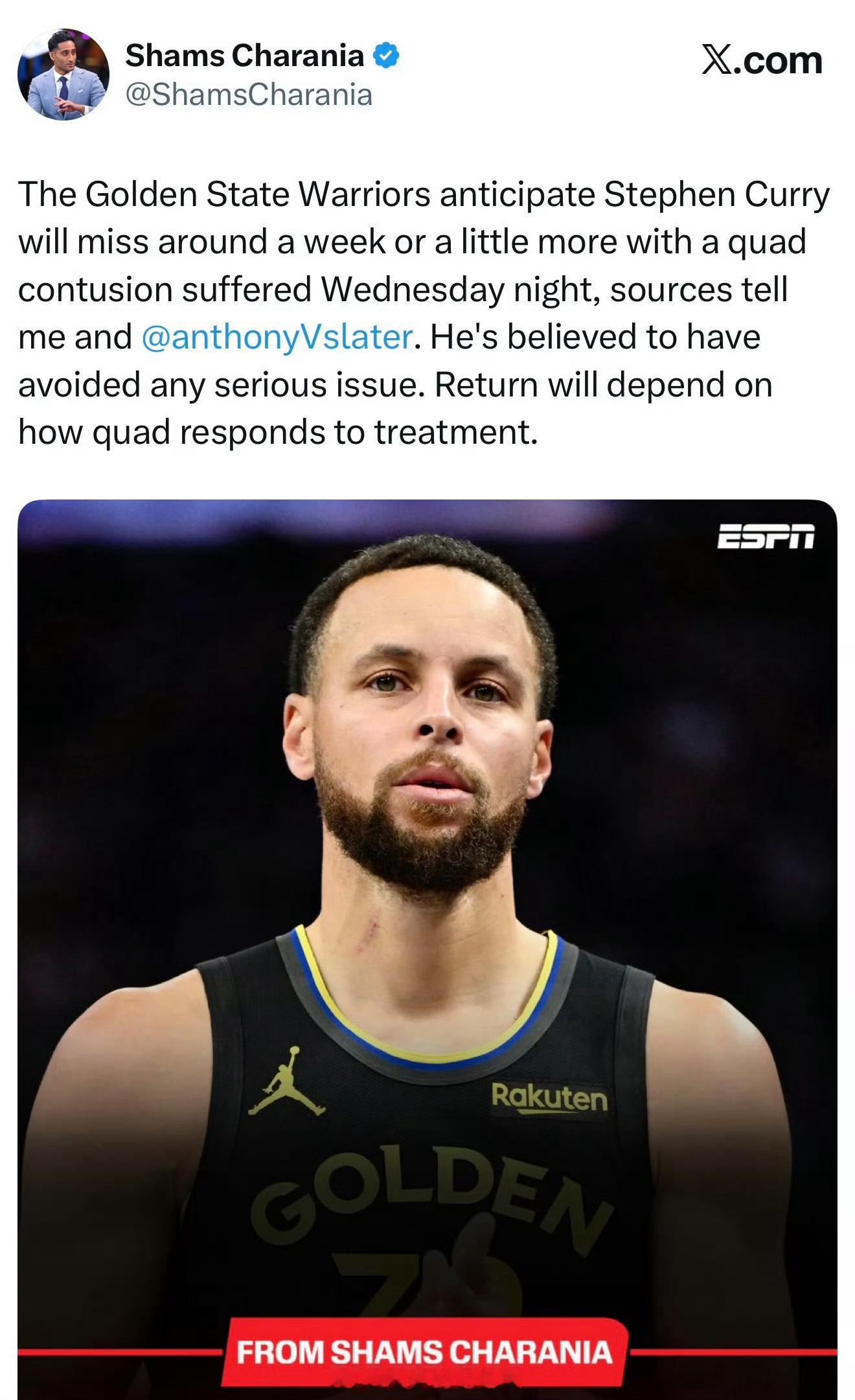 Shams：库里￼因股四头肌挫伤，将缺席约一周或略长时间。他已排除严重伤病可能，