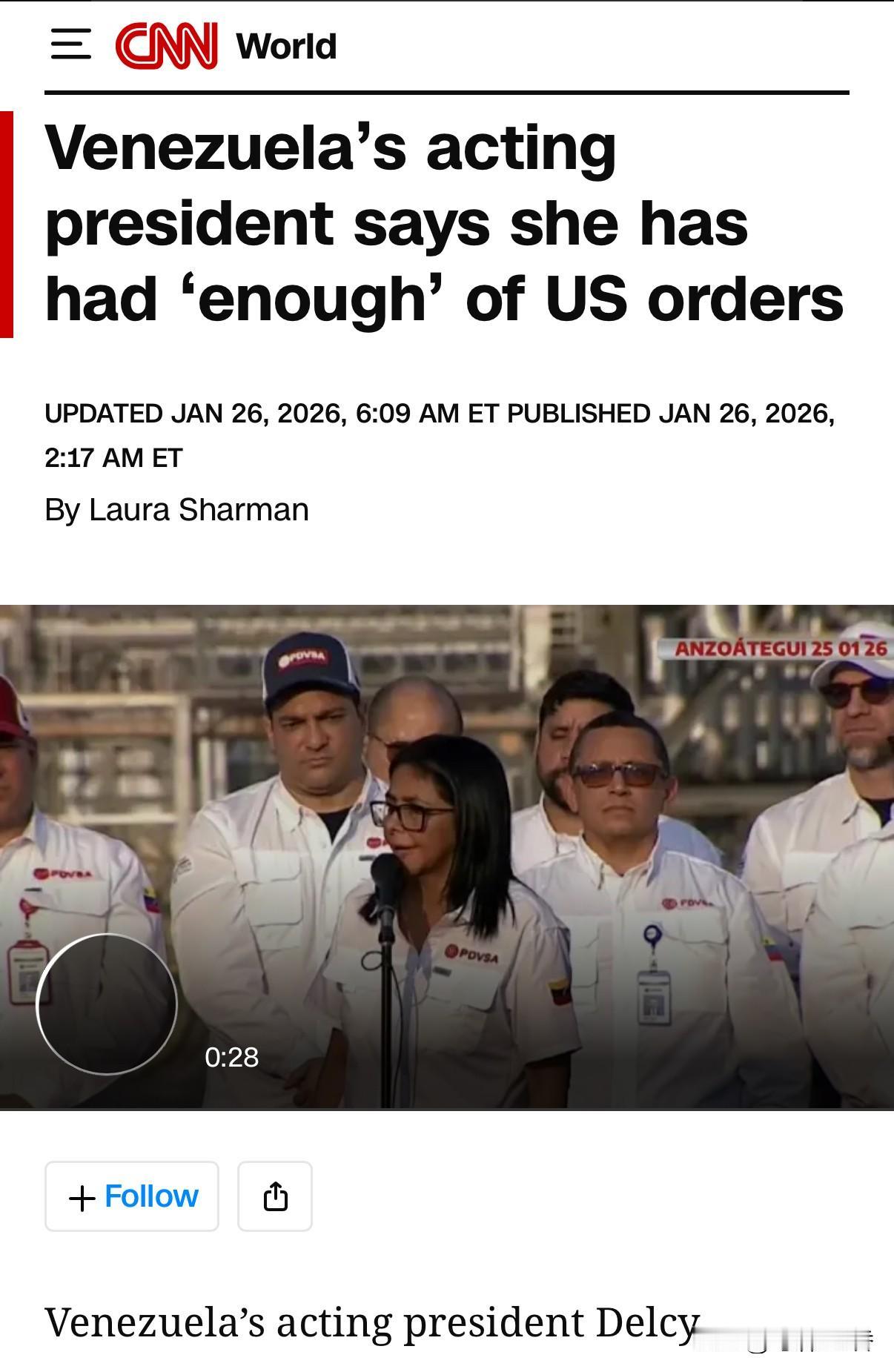 委内瑞拉代理总统罗德里格斯表示，她已经“受够了”华盛顿的命令。
   自从她得到