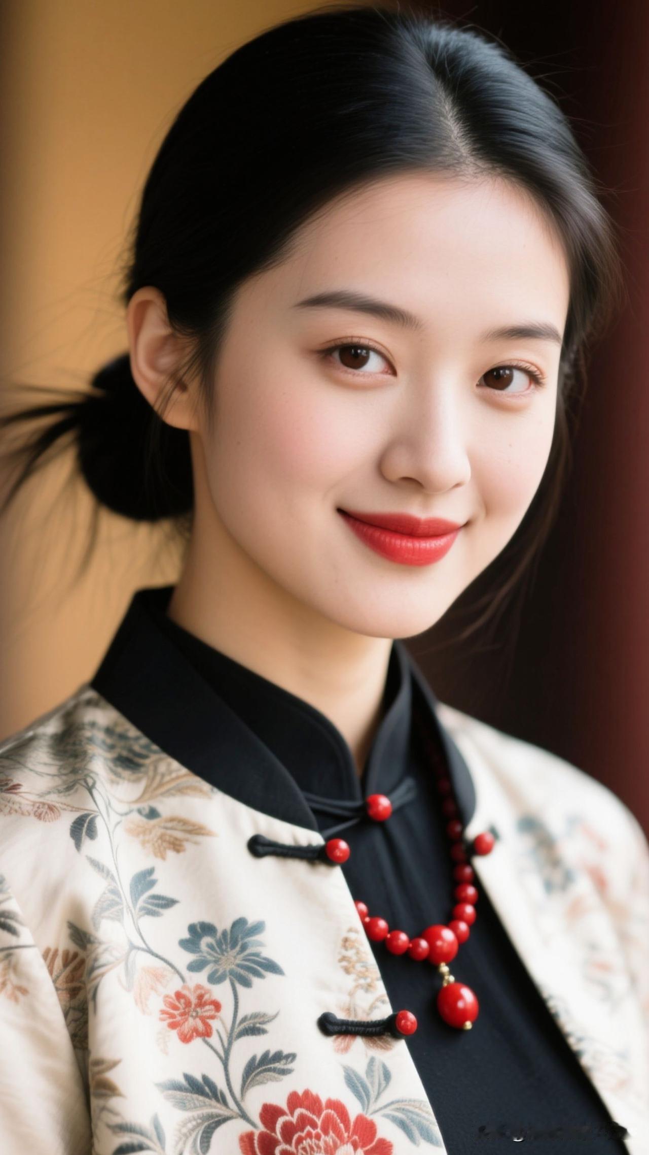 🌺 织锦缎上开着旧时光的花，红珠串成温柔的韵脚，笑意漫开时，整个世界都浸着妥帖