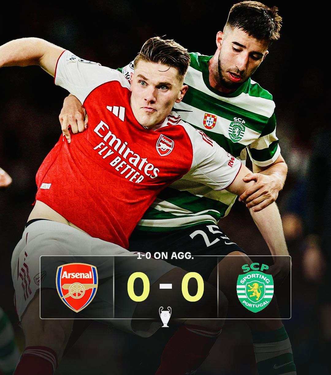 阿森纳主场0比0战平葡萄牙体育，两回合都是零封对手，虽然自己进攻不咋地，但胜在防