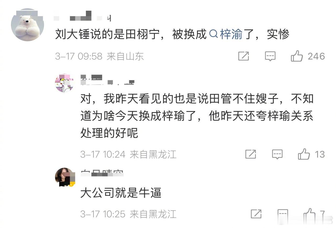 评论说刘大锤说的是田栩宁管不住嫂子，结果rs词条被改成梓渝管不住嫂子刘大锤说梓渝