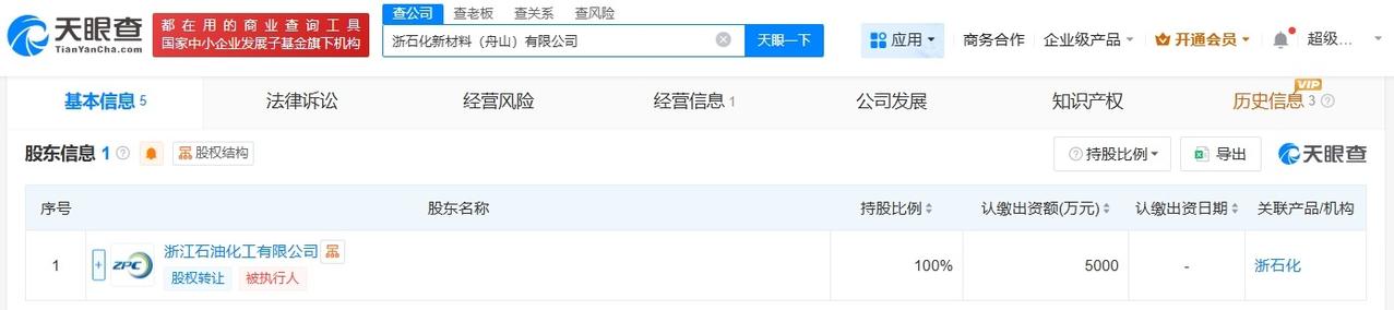 浙石化在舟山成立新材料公司注册资本5000万
天眼查App显示，近日，浙石化新材