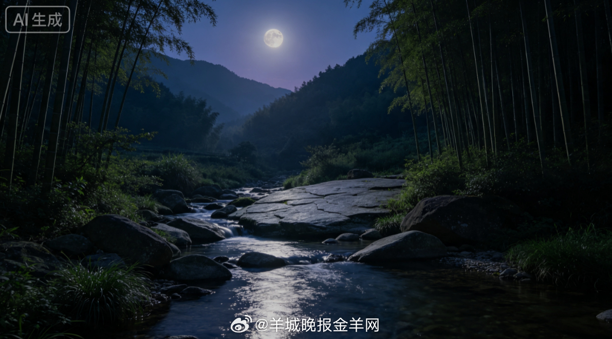 #晚安# 朦胧月色倾泻在山间溪畔平整石坪，溪水泛着细碎银光，竹林晚风阵阵送来凉意