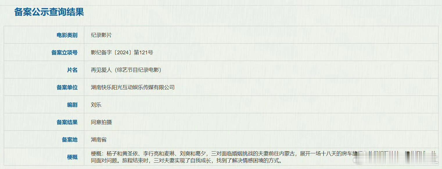 最新一期的电影备案立项公示出来了，居然有个《再见爱人》，全名叫：《再见爱人（综艺