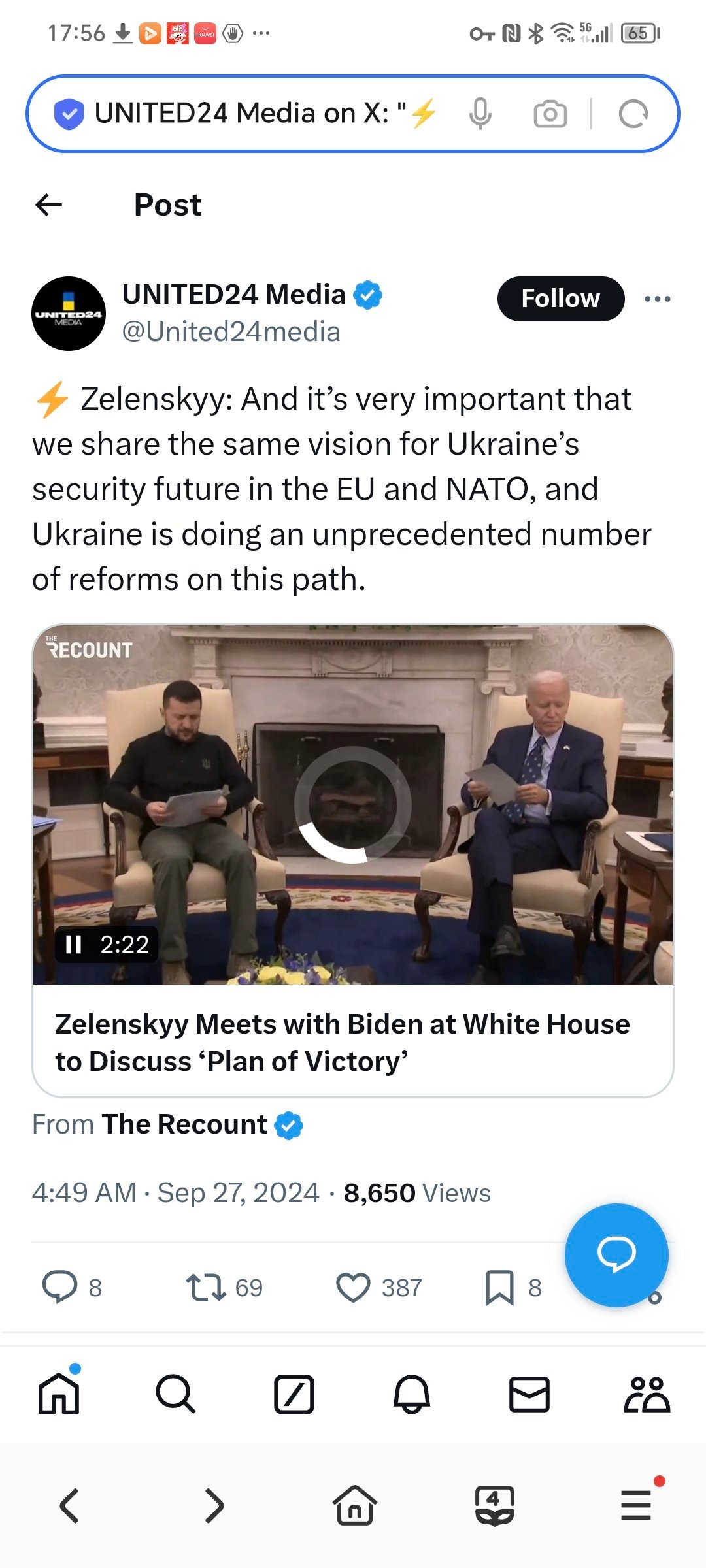 在与拜登会晤时，泽连斯基表示：非常重要的是，我们对乌克兰在欧盟和北约中的安全未来