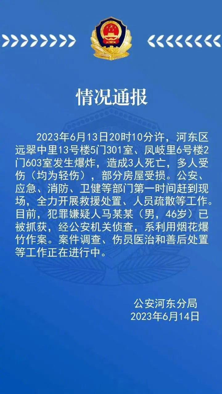 【#天津一居民楼爆炸致3人死亡##天津一居民楼爆炸系嫌犯用烟花爆竹作案#】据天津