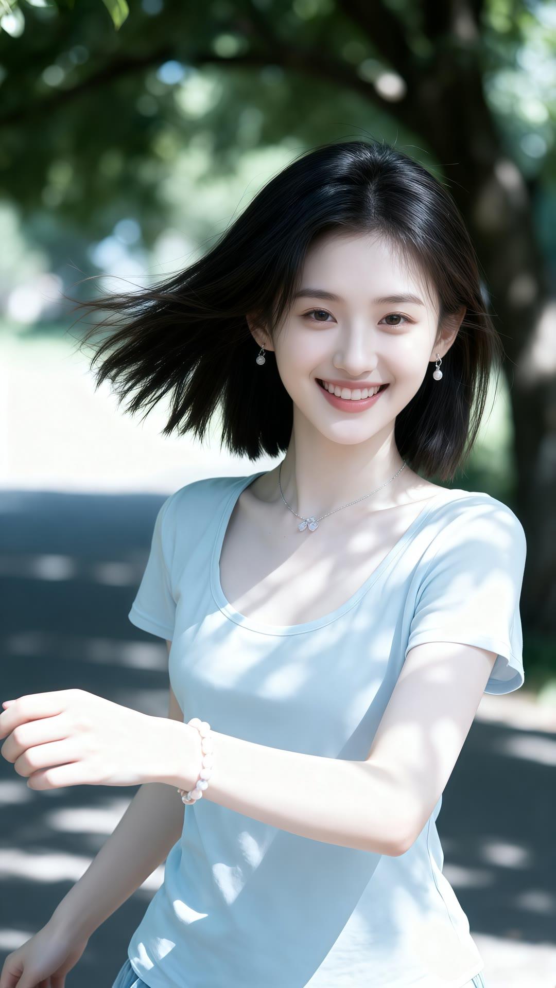 阳光下的甜美笑容，轻快的步伐，青春洋溢的气息。