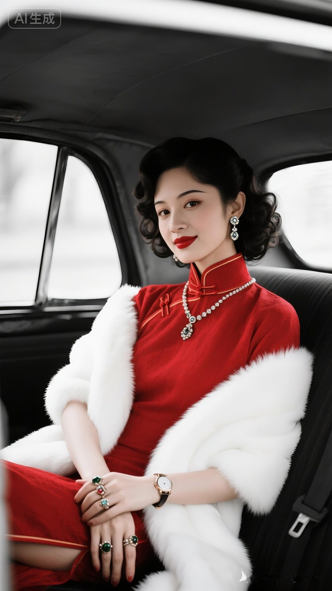 复古优雅，红衣美人，车中一瞥，惊艳时光。