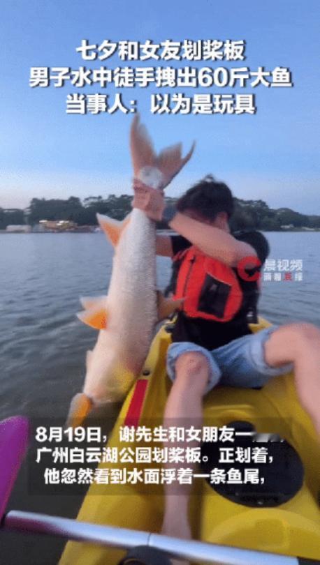 万万没想到！广东广州，一男子和女朋友在七夕这天到广州白云湖公园划桨板，俩情侣划着