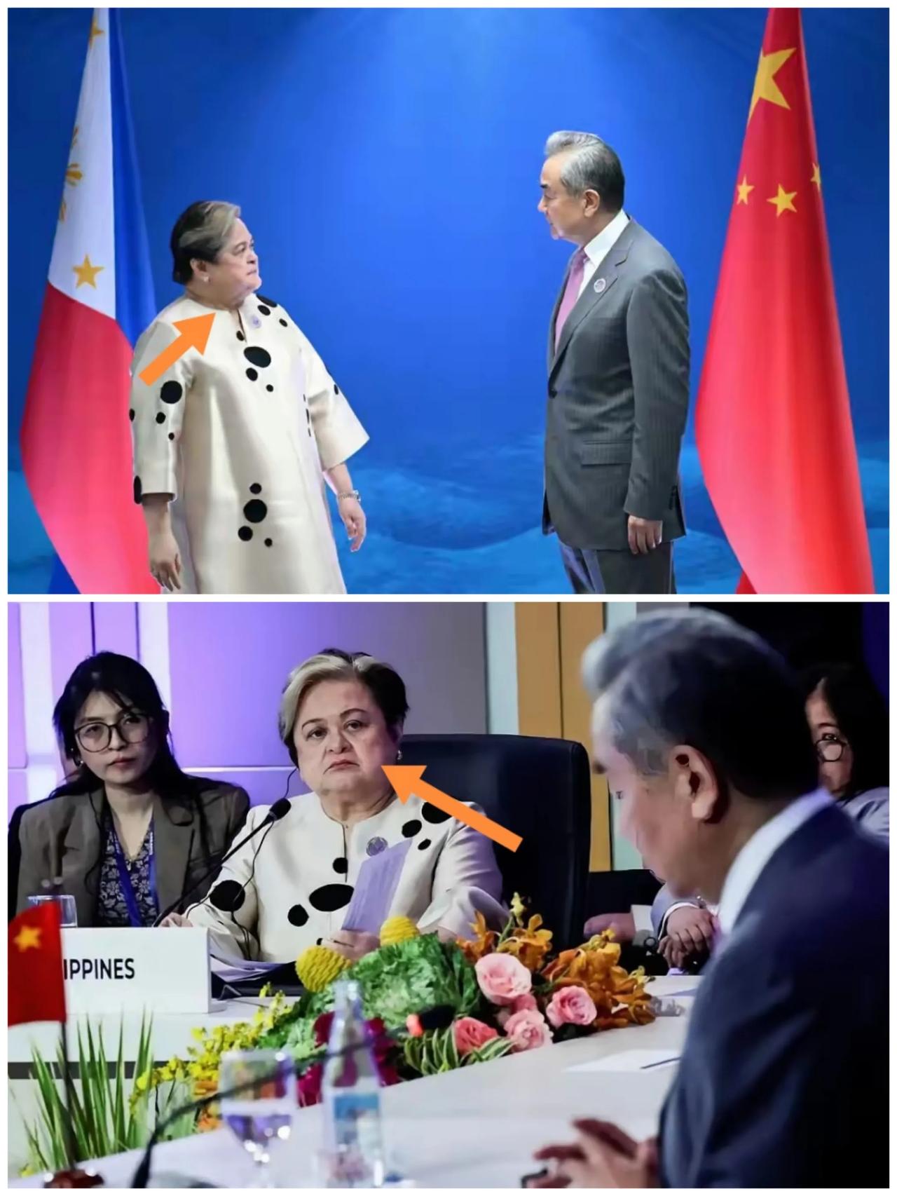菲律宾女外交部长拉扎罗昂头绷脸。
