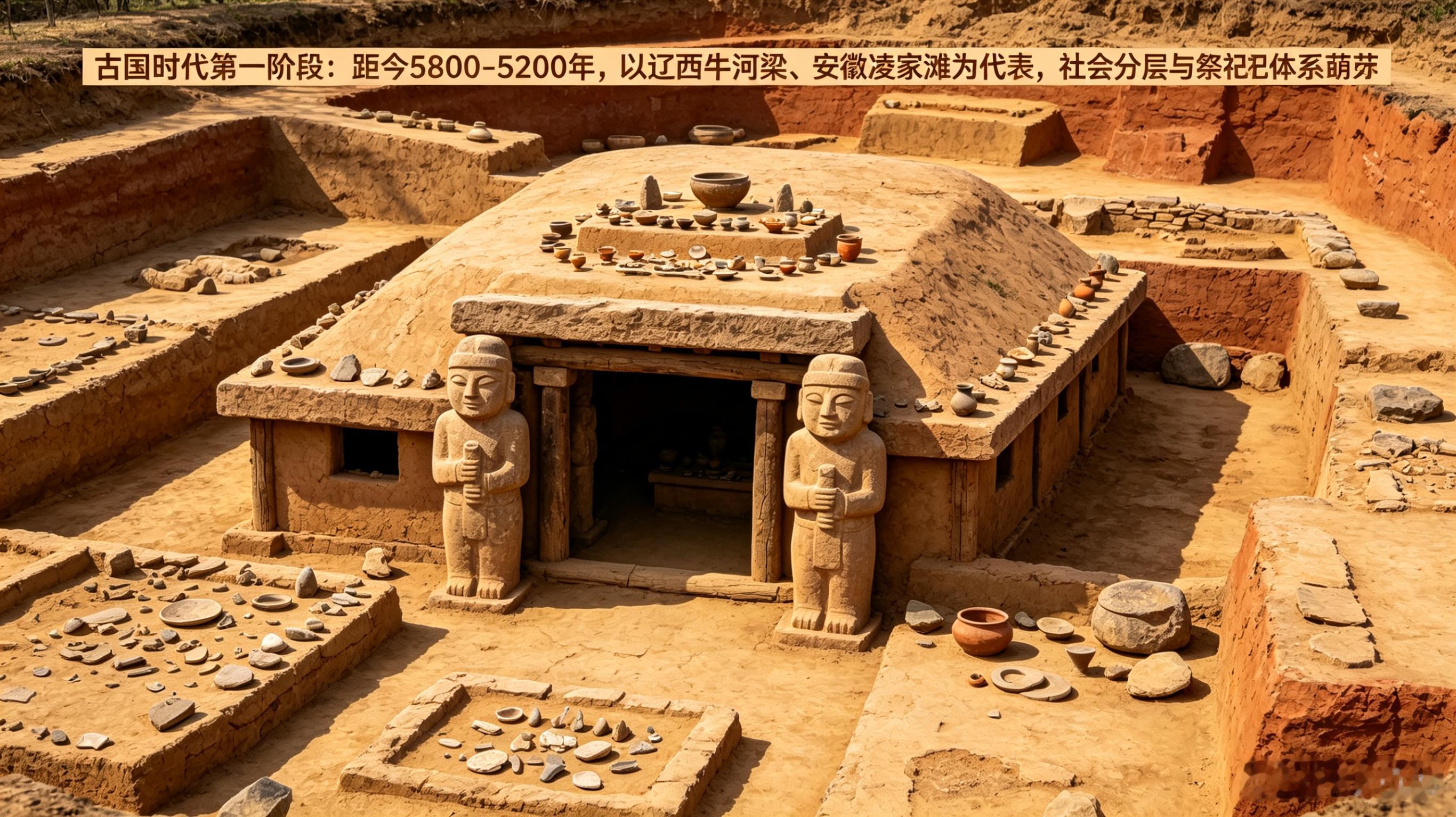 中华文明探源，划分5300年前为古国第一时代。想让豆包出一个图，好记忆各阶段的文