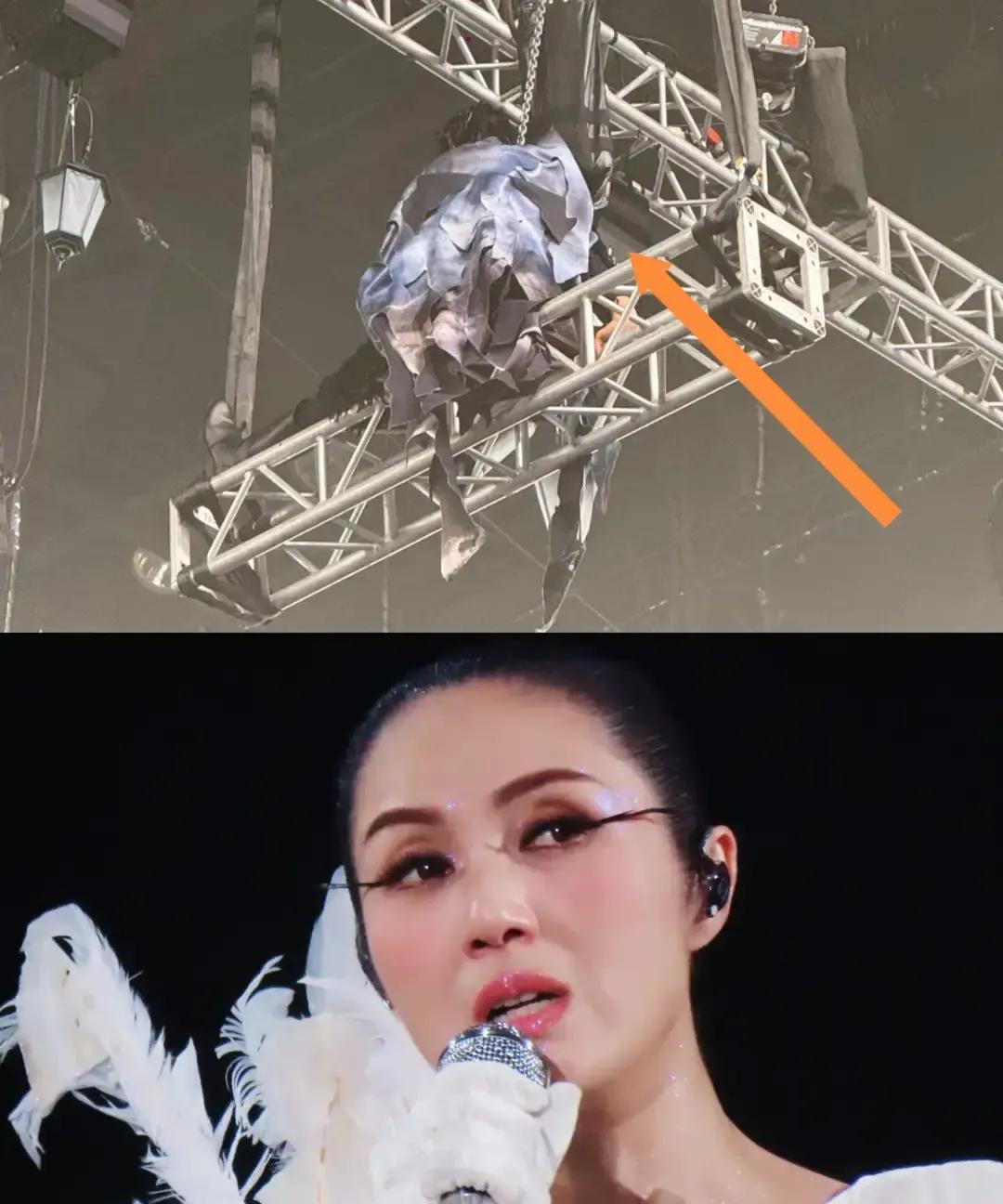 杨千嬅演唱会中场伴舞小哥被威亚卡在五米高空下不来，灯一黑观众尖叫全冲主唱，没人抬